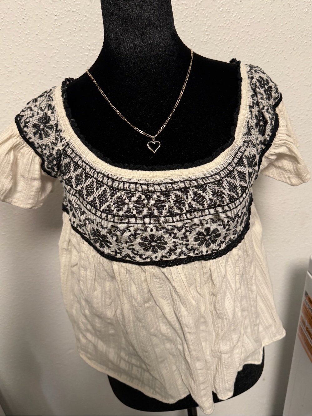 American Eagle Outfitters Cream Blouse with Black Embroidered Yoke
